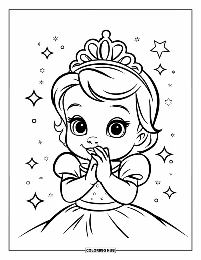 Coloriage de bébé princesse pour enfants : Une bébé princesse tape joyeusement des mains pendant que des étoiles pétillent autour d'elle