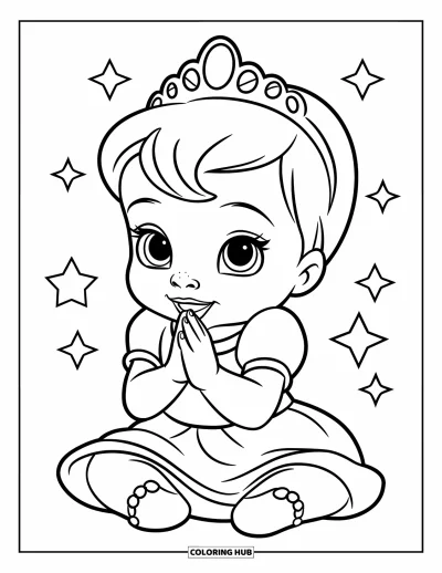 Coloriage de bébé princesse pour enfants : Une bébé princesse tape des mains entourée d'étincelles magiques