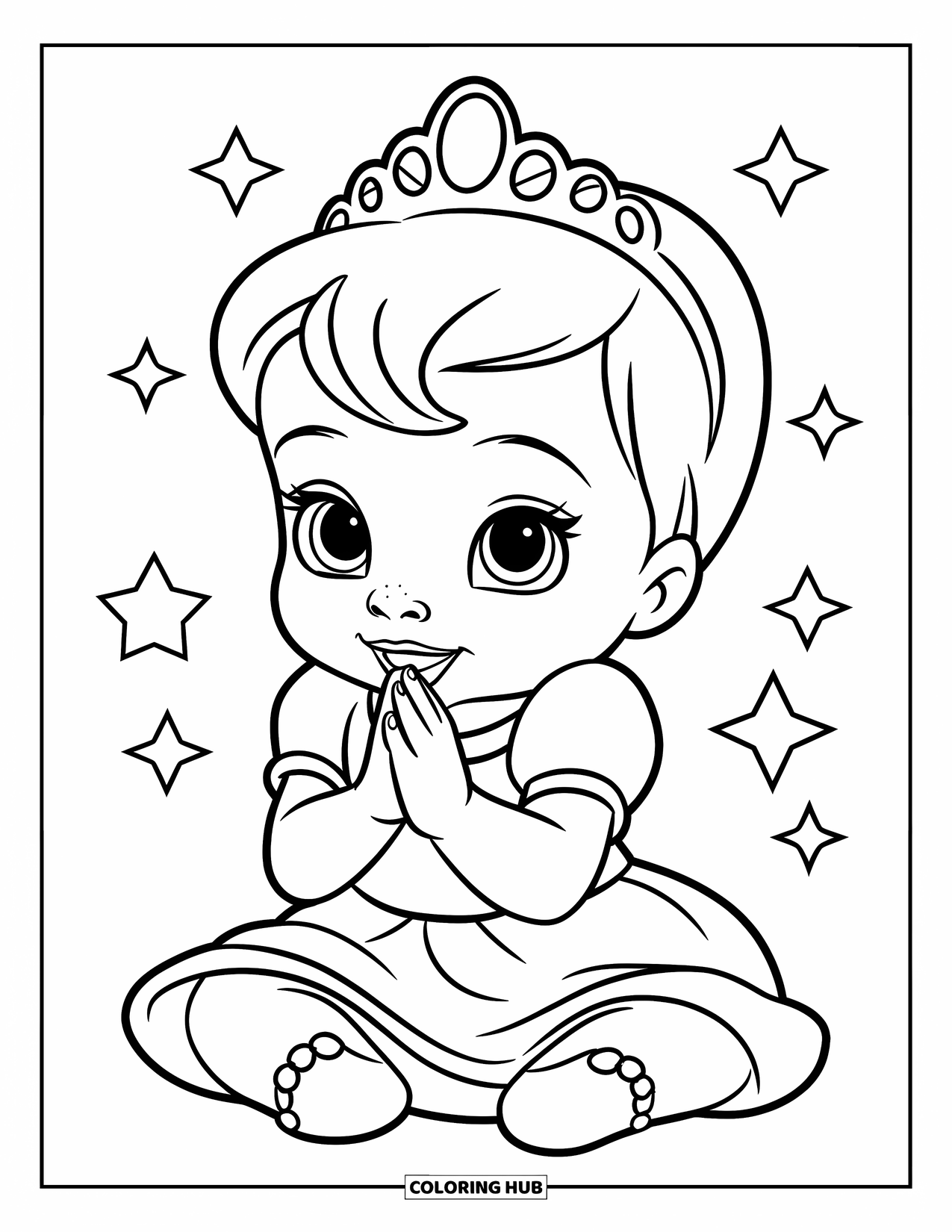 Baby Princess Coloring Page for Kids: A baby princess claps her hands surrounded by magical sparkles