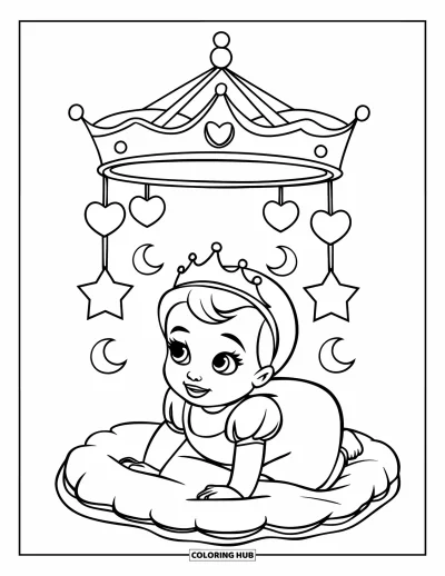 Coloriage de bébé princesse pour enfants : Une bébé princesse rampe sur un coussin moelleux sous un mobile royal
