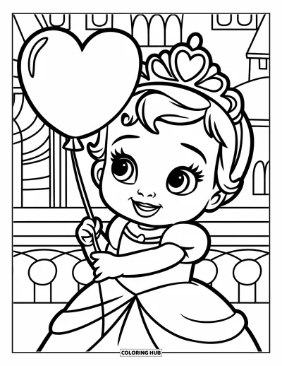Coloriage de bébé princesse pour enfants : Une bébé princesse tient un ballon en forme de cœur près de son château