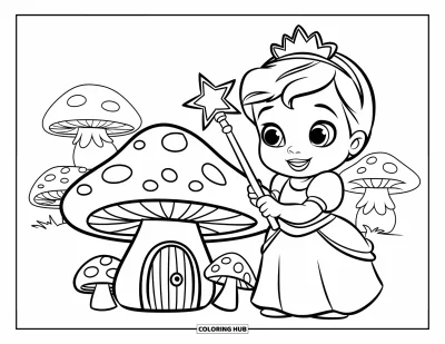 Coloriage de bébé princesse pour enfants : Une bébé princesse tient une baguette près d'une adorable maison-champignon