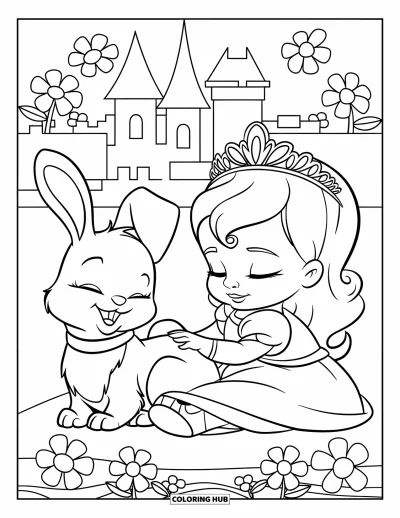 Coloriage de bébé princesse pour enfants : Une bébé princesse fait la sieste près de son lapin entouré de fleurs douces