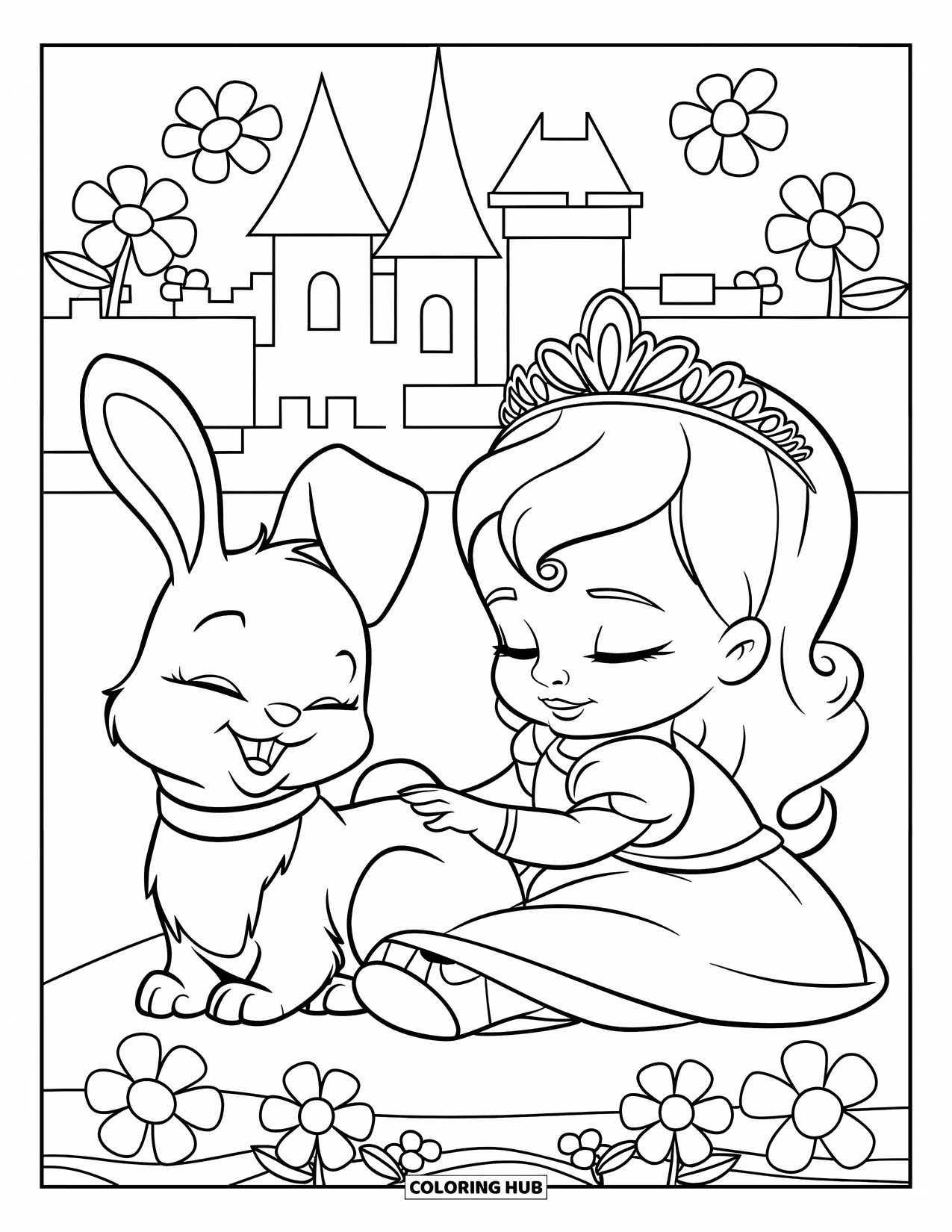Baby Princess Coloring Page for Kids: A baby princess naps beside her bunny surrounded by soft flowers