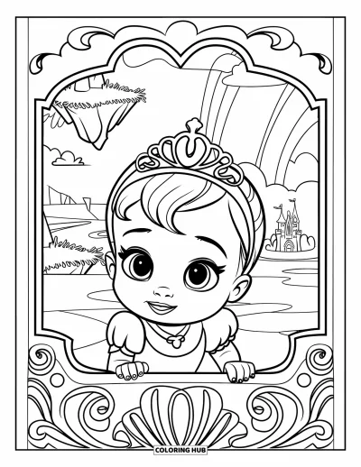 Coloriage de bébé princesse pour enfants : Une bébé princesse jette un œil par une porte ornée donnant sur un royaume féerique