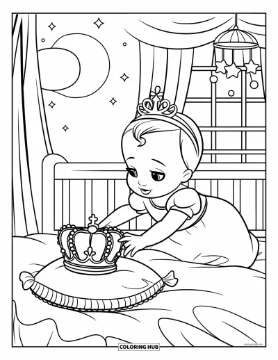 Coloriage de bébé princesse pour enfants : Une bébé princesse tend la main vers une couronne posée sur un coussin dans sa chambre