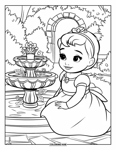 Coloriage de bébé princesse pour enfants : Une bébé princesse se détend près d'une fontaine de jardin entourée de fleurs