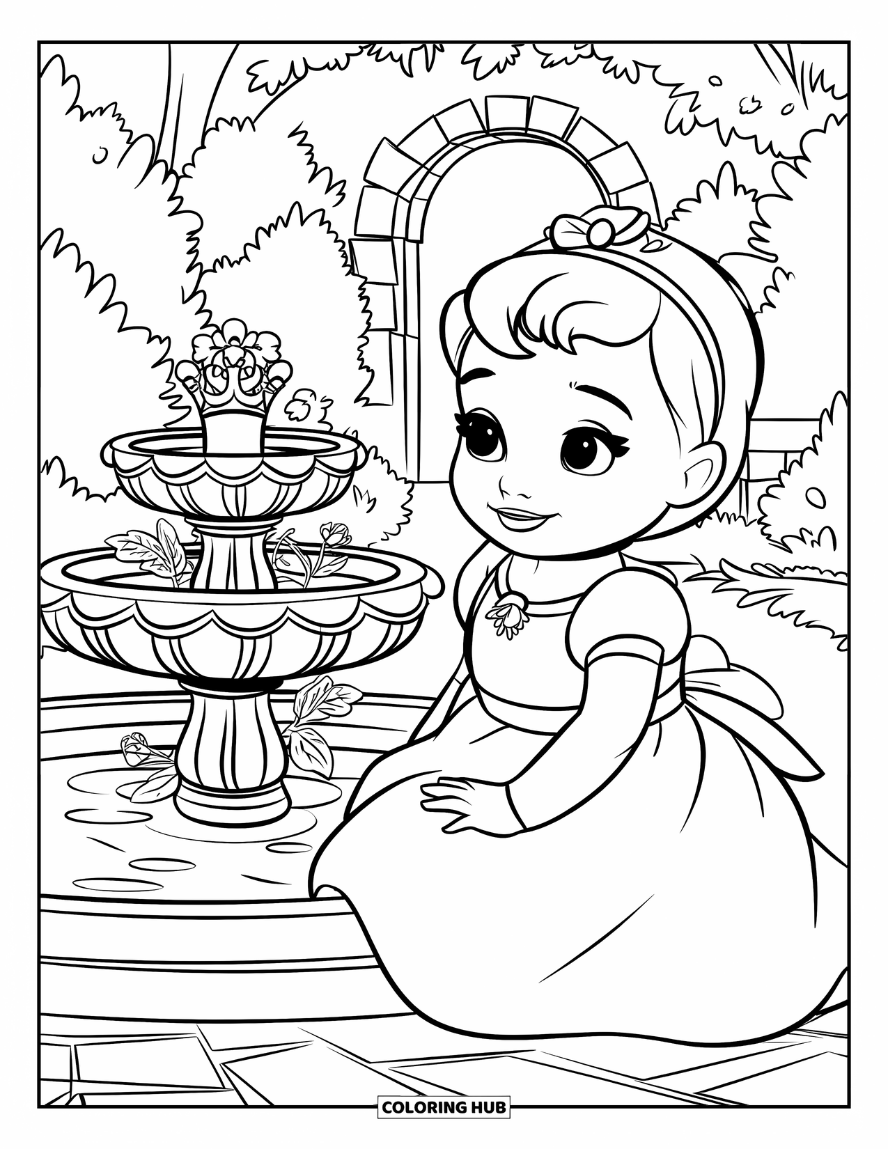 Baby Princess Coloring Page for Kids: A baby princess relaxes by a garden fountain filled with flowers