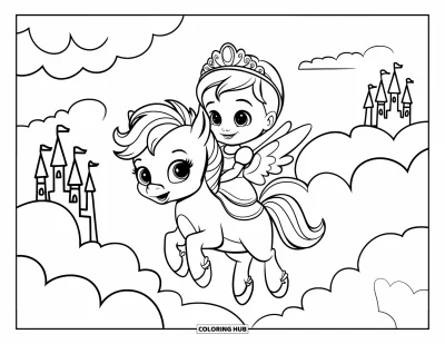 Coloriage de bébé princesse pour enfants : Une bébé princesse chevauche un petit pégase au-dessus de nuages féeriques et de châteaux