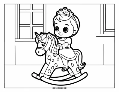 Coloriage de bébé princesse pour enfants : Une bébé princesse chevauche joyeusement son cheval à bascule licorne avec éclat