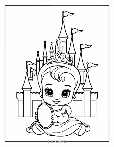 Coloriage de bébé princesse pour enfants : Une bébé princesse devant un château miniature en tenant un miroir