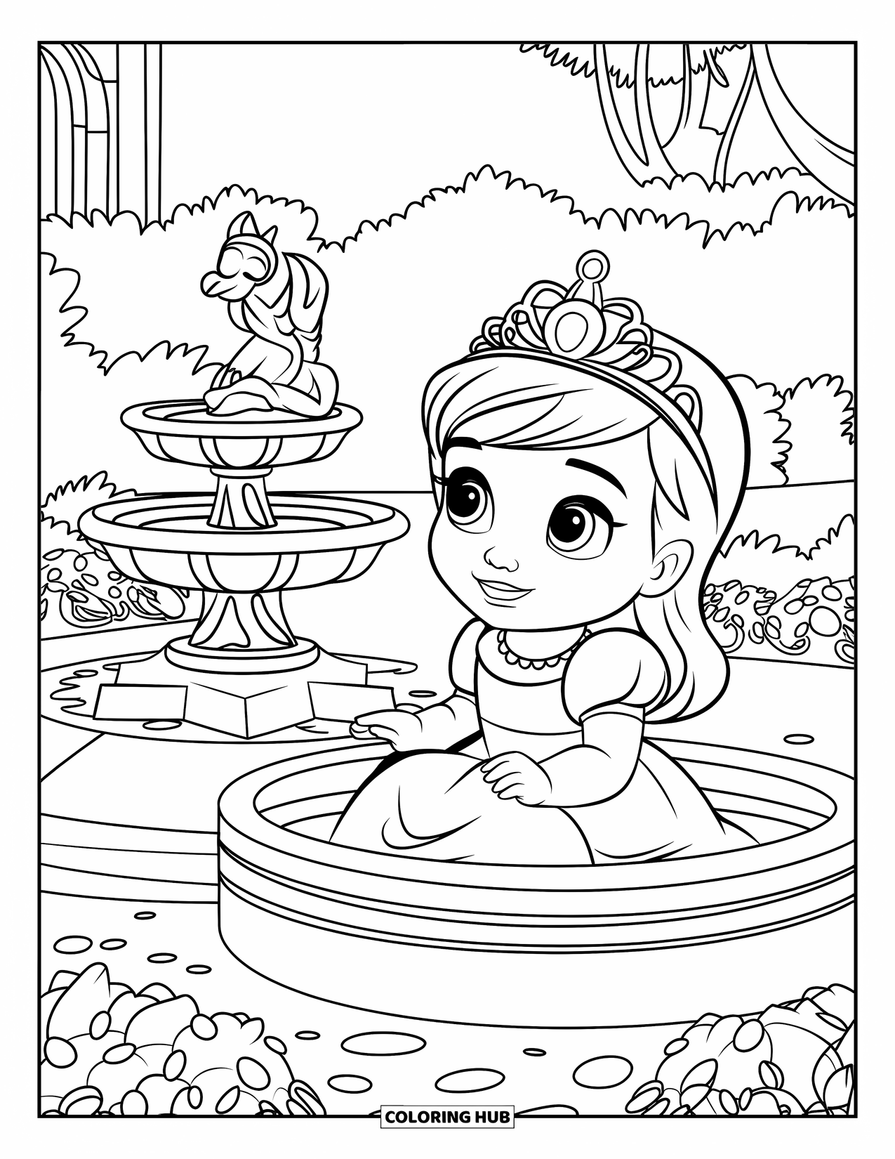 Baby Princess Coloring Page for Kids: A baby princess sits beside an enchanted fountain in a secret garden