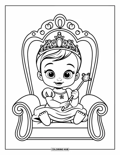 Coloriage de bébé princesse pour enfants : Une bébé princesse assise joyeusement sur un trône-oreiller moelleux avec sa baguette