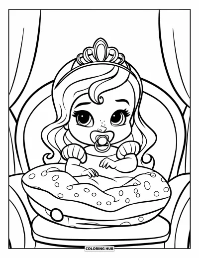 Coloriage de bébé princesse pour enfants : Une bébé princesse assise sur un coussin avec sa petite couronne