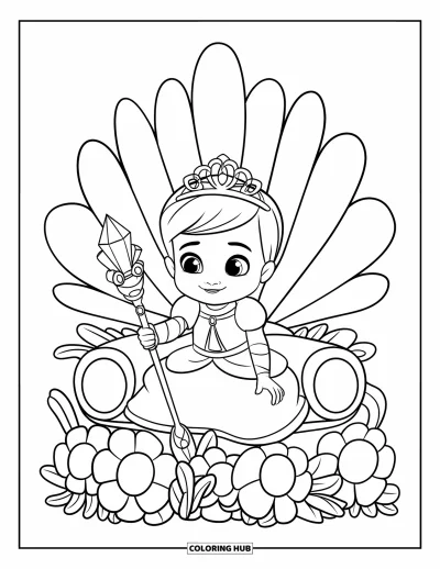 Coloriage de bébé princesse pour enfants : Une bébé princesse assise sur un trône fait de grandes fleurs