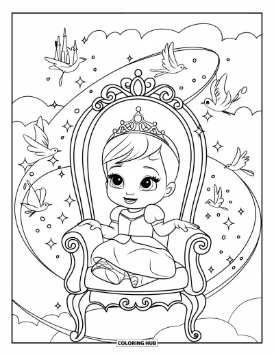 Coloriage de bébé princesse pour enfants : Une bébé princesse assise sur un trône de nuages entourée d'oiseaux et d'étincelles