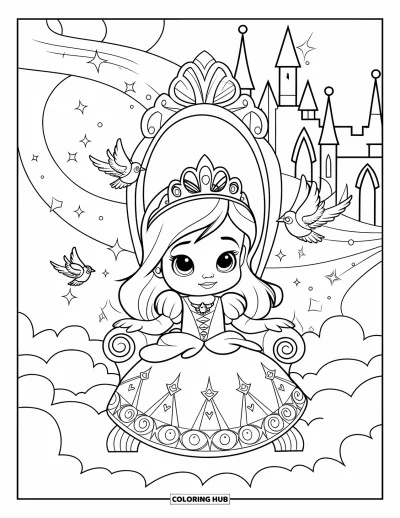 Coloriage de bébé princesse pour enfants : Une bébé princesse sur son trône pendant que des oiseaux virevoltent autour d'elle