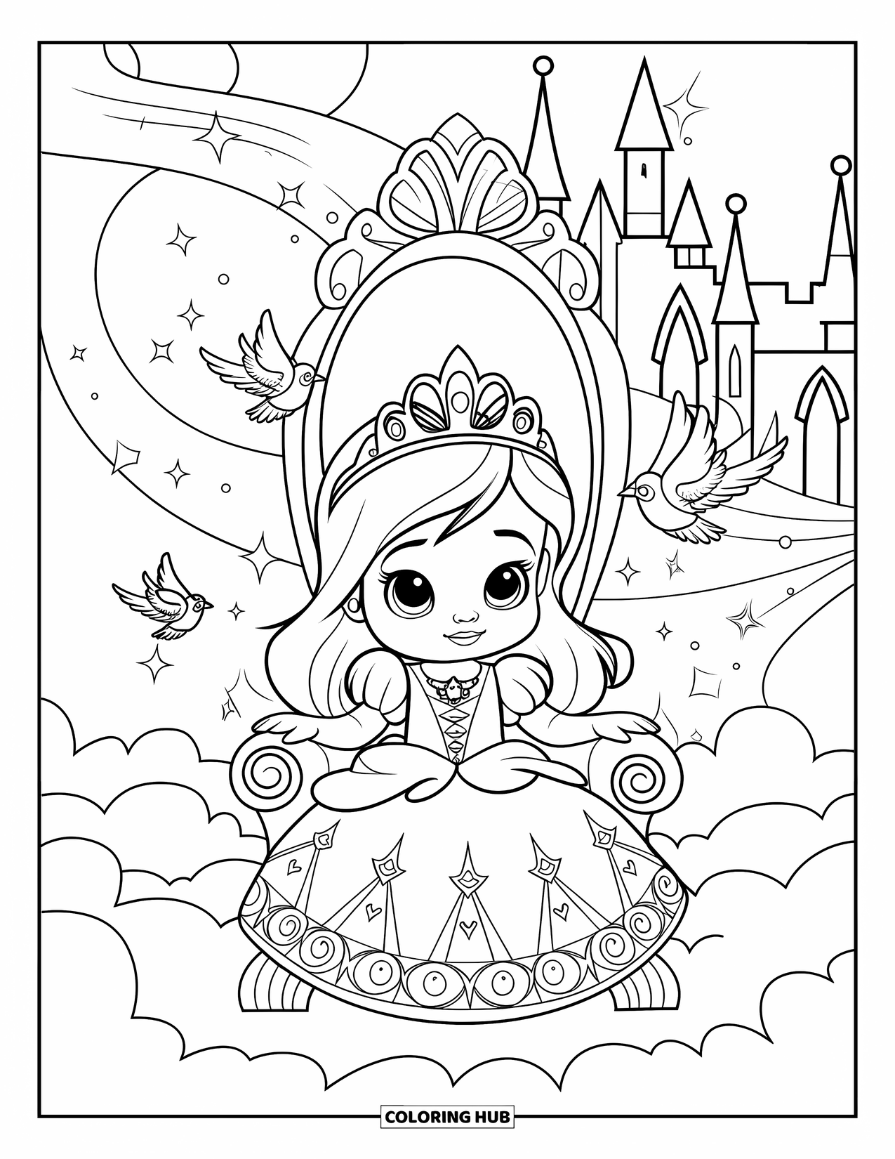Baby Princess Coloring Page for Kids: A baby princess sits on her throne as birds dance around her