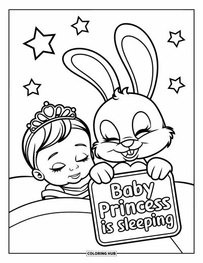 Coloriage de bébé princesse pour enfants : Une bébé princesse s'endort paisiblement près d'un lapin heureux