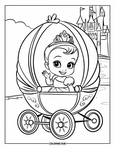Coloriage de bébé princesse pour enfants : Une bébé princesse sourit et fait signe depuis son petit carrosse rose
