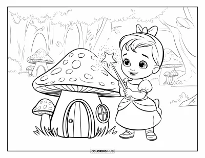 Coloriage de bébé princesse pour enfants : Une bébé princesse sourit près d'une maison-champignon enchantée dans la forêt