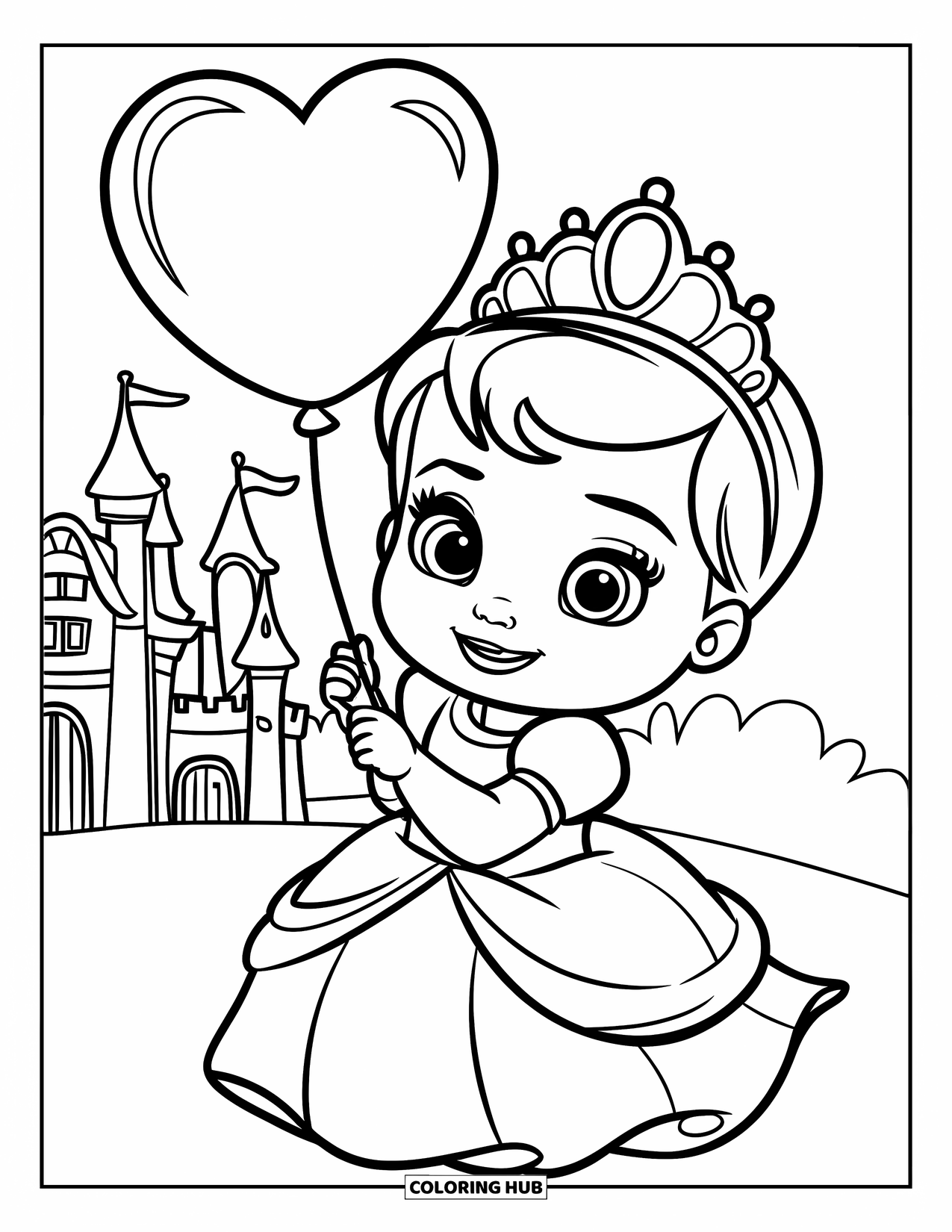Baby Princess Coloring Page for Kids: A baby princess smiles holding a heart balloon near her castle