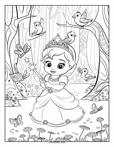 Coloriage de bébé princesse pour enfants : Une bébé princesse sourit dans une forêt remplie d'oiseaux et de fleurs