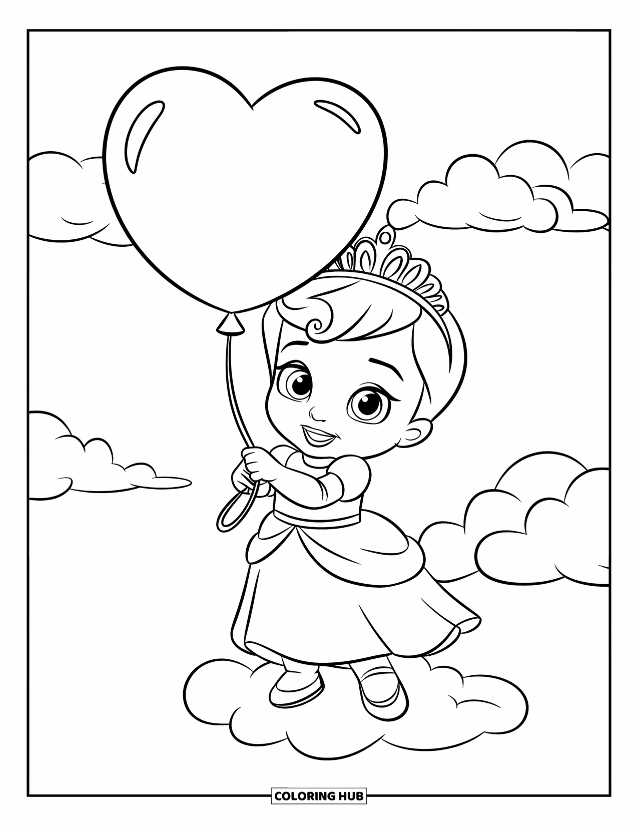 Baby Princess Coloring Page for Kids: A baby princess stands on a cloud holding a heart balloon