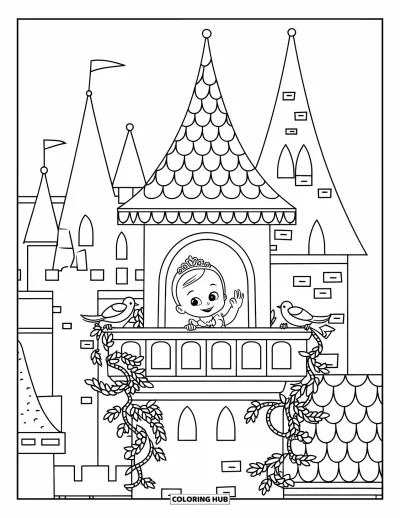 Coloriage de bébé princesse pour enfants : Une bébé princesse fait signe depuis sa tour pendant que des oiseaux s'envolent