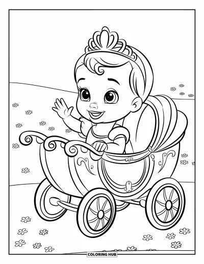 Coloriage de bébé princesse pour enfants : Une bébé princesse fait joyeusement signe depuis son carrosse jouet