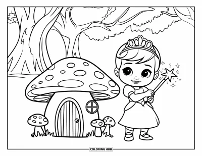 Coloriage de bébé princesse pour enfants : Une bébé princesse agite sa baguette près d'un adorable chalet-champignon