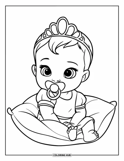 Coloriage de bébé princesse pour enfants : Une bébé princesse avec une tétine est assise sur un coussin tout doux