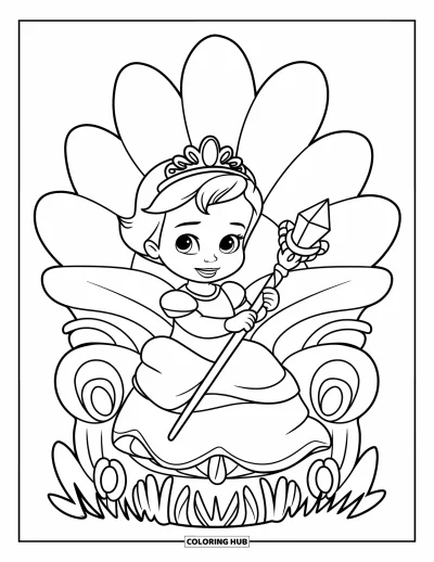 Coloriage de bébé princesse pour enfants : Une bébé princesse avec son sceptre de cristal assise sur un trône fleuri