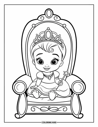 Coloriage de bébé princesse pour enfants : Une princesse joyeuse assise sur un trône-oreiller avec sa couronne ornée de bijoux