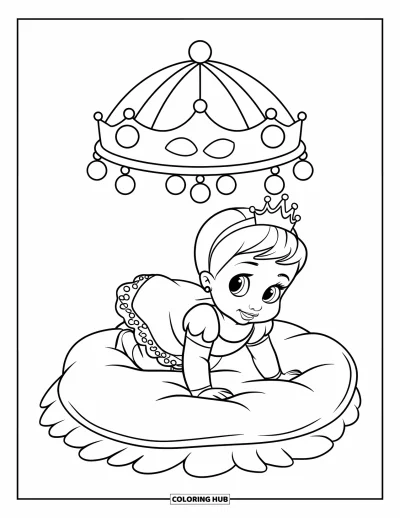 Coloriage de bébé princesse pour enfants : Une princesse qui rampe sourit sous un mobile en forme de couronne