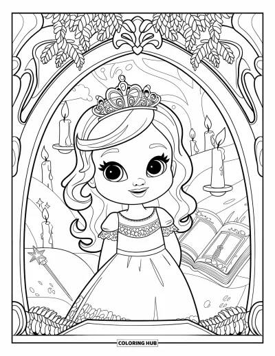 Coloriage de bébé princesse pour enfants : Une princesse curieuse jette un œil par une porte ouverte sur un monde féerique