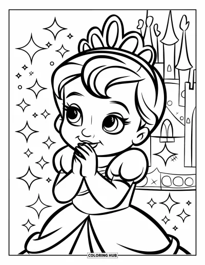 Coloriage de bébé princesse pour enfants : Une princesse souriante tape des mains tandis que des étoiles brillent autour d'elle