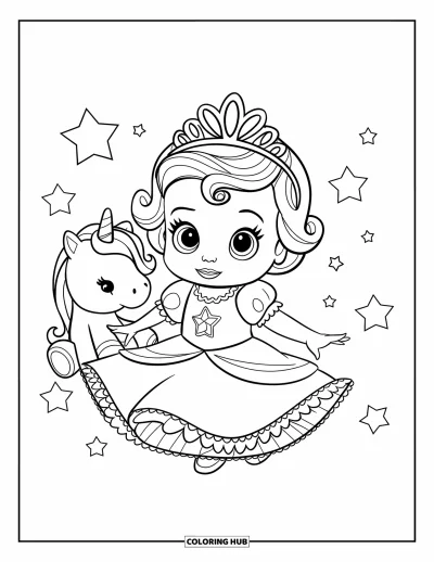 Coloriage de bébé princesse pour enfants : Une princesse heureuse avec sa peluche licorne sous des étoiles brillantes