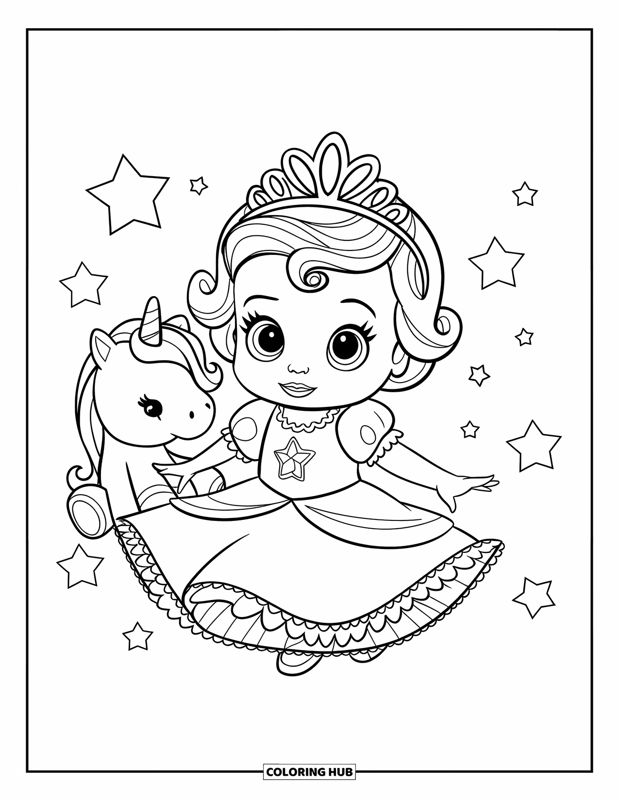 Baby Princess Coloring Page for Kids: A happy princess sits with her unicorn plush under shining stars