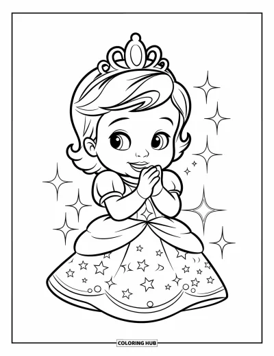 Coloriage de bébé princesse pour enfants : Une joyeuse princesse tape des mains pendant que des étoiles et des étincelles scintillent autour d'elle