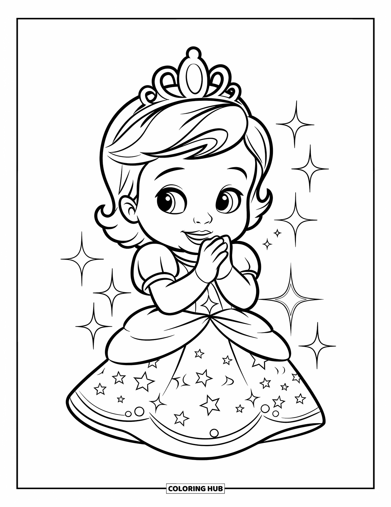 Baby Princess Coloring Page for Kids: A joyful princess claps as stars and sparkles twinkle nearby