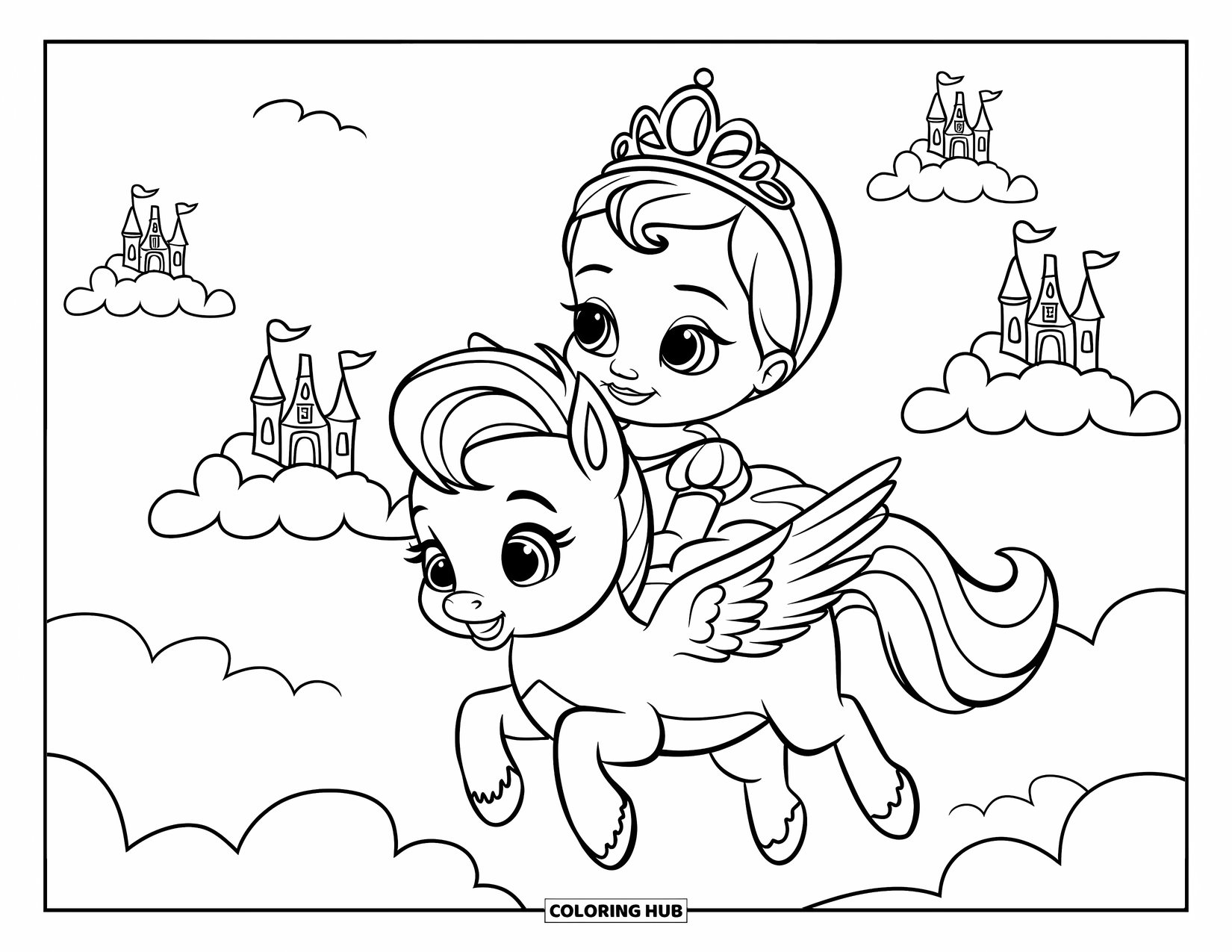 Baby Princess Coloring Page for Kids: A little princess and her pegasus soar through castle clouds in the sky
