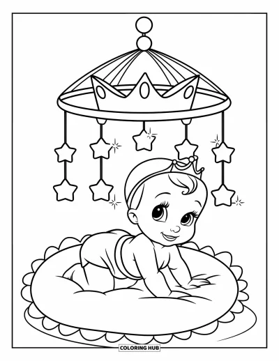 Coloriage de bébé princesse pour enfants : Une petite princesse rampe sous un mobile de cœurs et d'étoiles