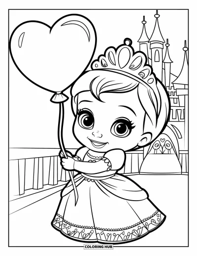Coloriage de bébé princesse pour enfants : Une petite princesse tient son ballon bien haut au-dessus des tours du château
