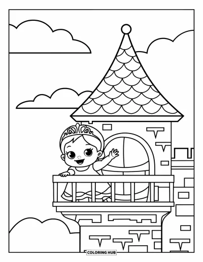 Coloriage de bébé princesse pour enfants : Une petite princesse fait signe depuis sa haute tour en pierre entourée de nuages