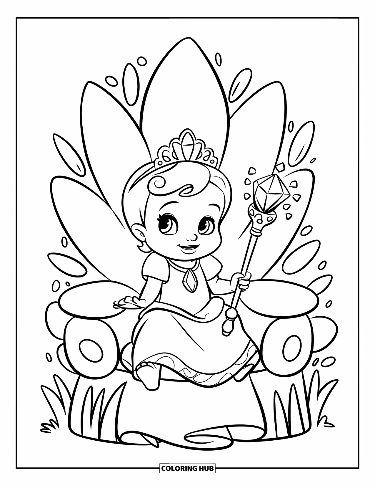 Baby Princess Coloring Page for Kids: A princess smiles on a throne of blooming flowers holding a crystal staff
