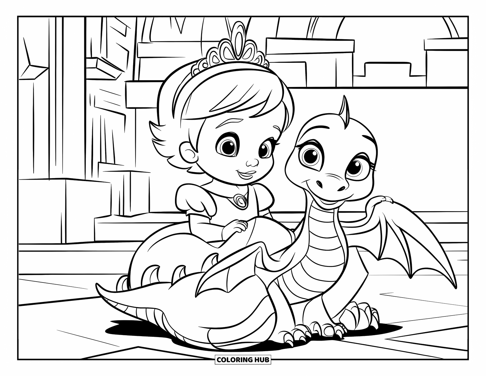 Baby Princess Coloring Page for Kids: A princess stands beside her dragon as the castle towers behind