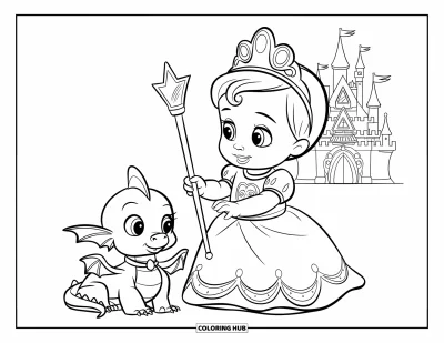 Coloriage de bébé princesse pour enfants : Une princesse fière debout près de son petit dragon aux ailes repliées