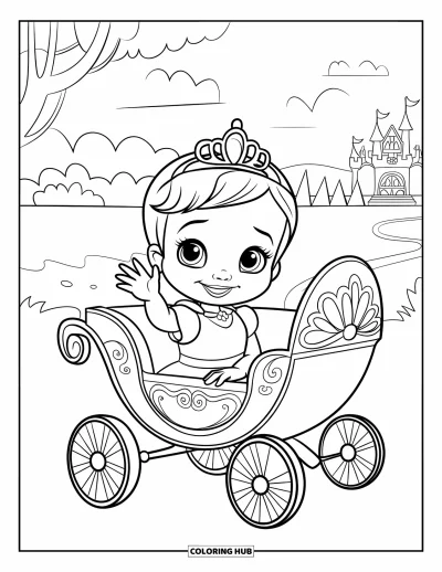 Coloriage de bébé princesse pour enfants : Une princesse fait signe depuis son carrosse qui roule dans un champ ensoleillé