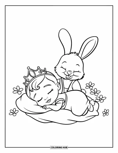 Coloriage de bébé princesse pour enfants : Une princesse endormie rêve près de son lapin sous le ciel du château